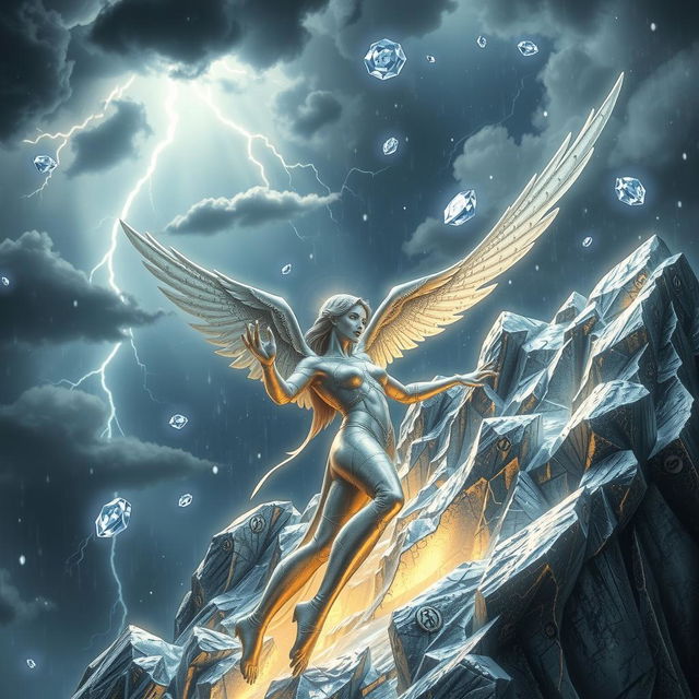 A silver golem angel climbs a radiant silver mountain during a deadly, magical diamond hail storm