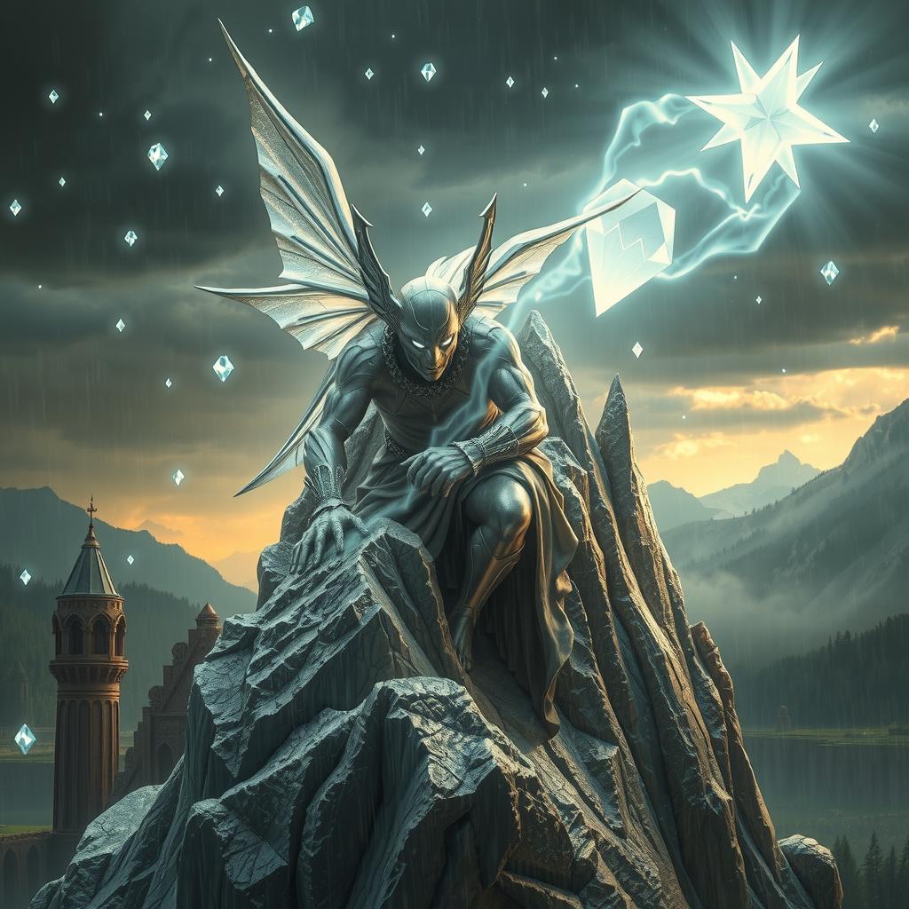 A silver golem angel climbs a silver mountain during a deadly, magical diamond hail storm, with enchanted clouds and mystical hailstones creating a perilous, fantastical environment