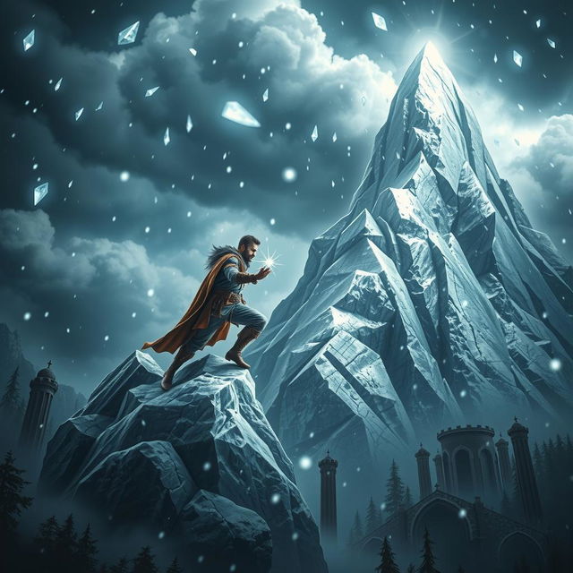 A man in fantasy adventurer attire climbs a silver mountain during a deadly, magical diamond hail storm, with enchanted clouds and mystical hailstones creating a perilous, fantastical environment