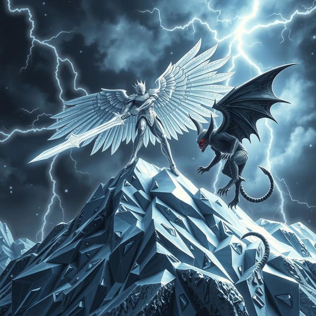 A silver golem angel atop a silver mountain battles an iron gargoyle during a deadly, magical diamond hail storm, with enchanted clouds, mystical hailstones, and a perilous, fantastical environment