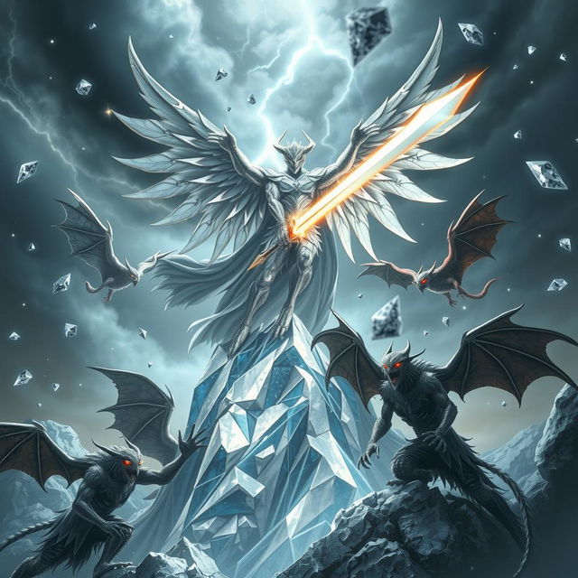 A silver golem angel atop a silver mountain battles two iron gargoyles during a deadly, magical diamond hail storm, with enchanted clouds, mystical hailstones, and a perilous, fantastical environment