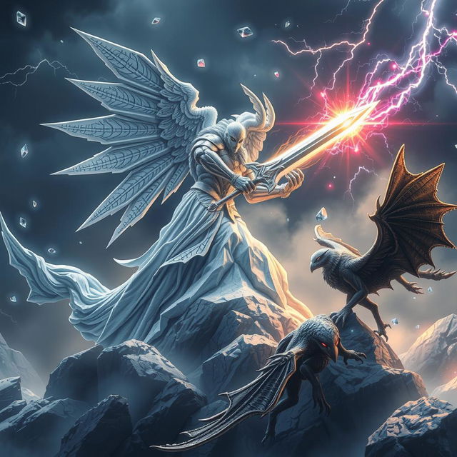 A silver golem angel atop a silver mountain battles two iron gargoyles during a deadly, magical diamond hail storm, with enchanted clouds, mystical hailstones, and a perilous, fantastical environment