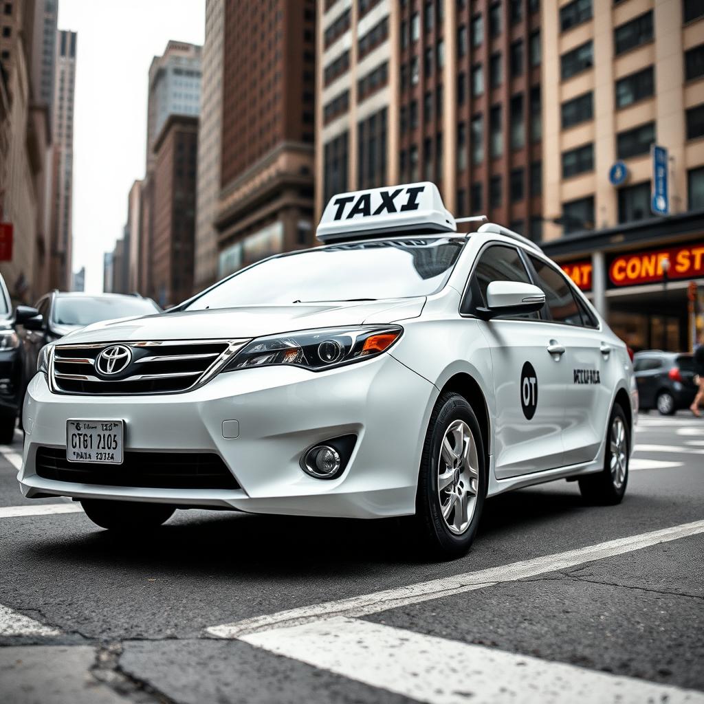 A detailed image of a white taxi car parked on a city street