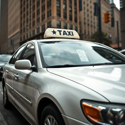 A detailed image of a white taxi car parked on a city street