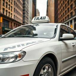 A detailed image of a white taxi car parked on a city street