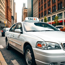 A detailed image of a white taxi car parked on a city street