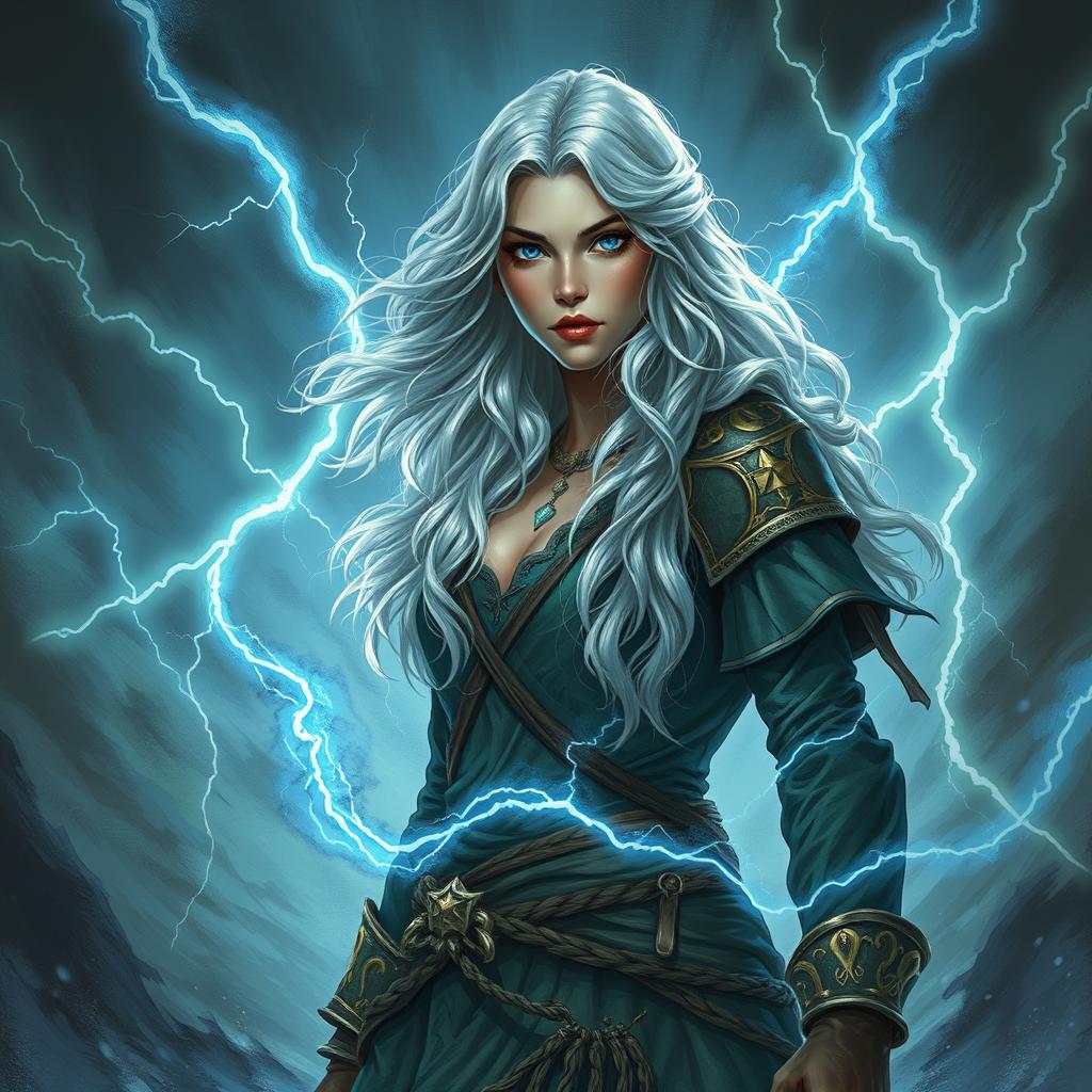 A tall female half-elf druid with silver wavy hair and blue eyes stands amidst a raging storm