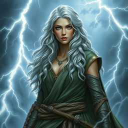 A tall female half-elf druid with silver wavy hair and blue eyes stands amidst a raging storm