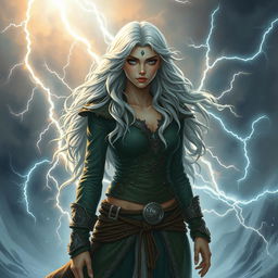 A tall female half-elf druid with silver wavy hair and blue eyes stands amidst a raging storm