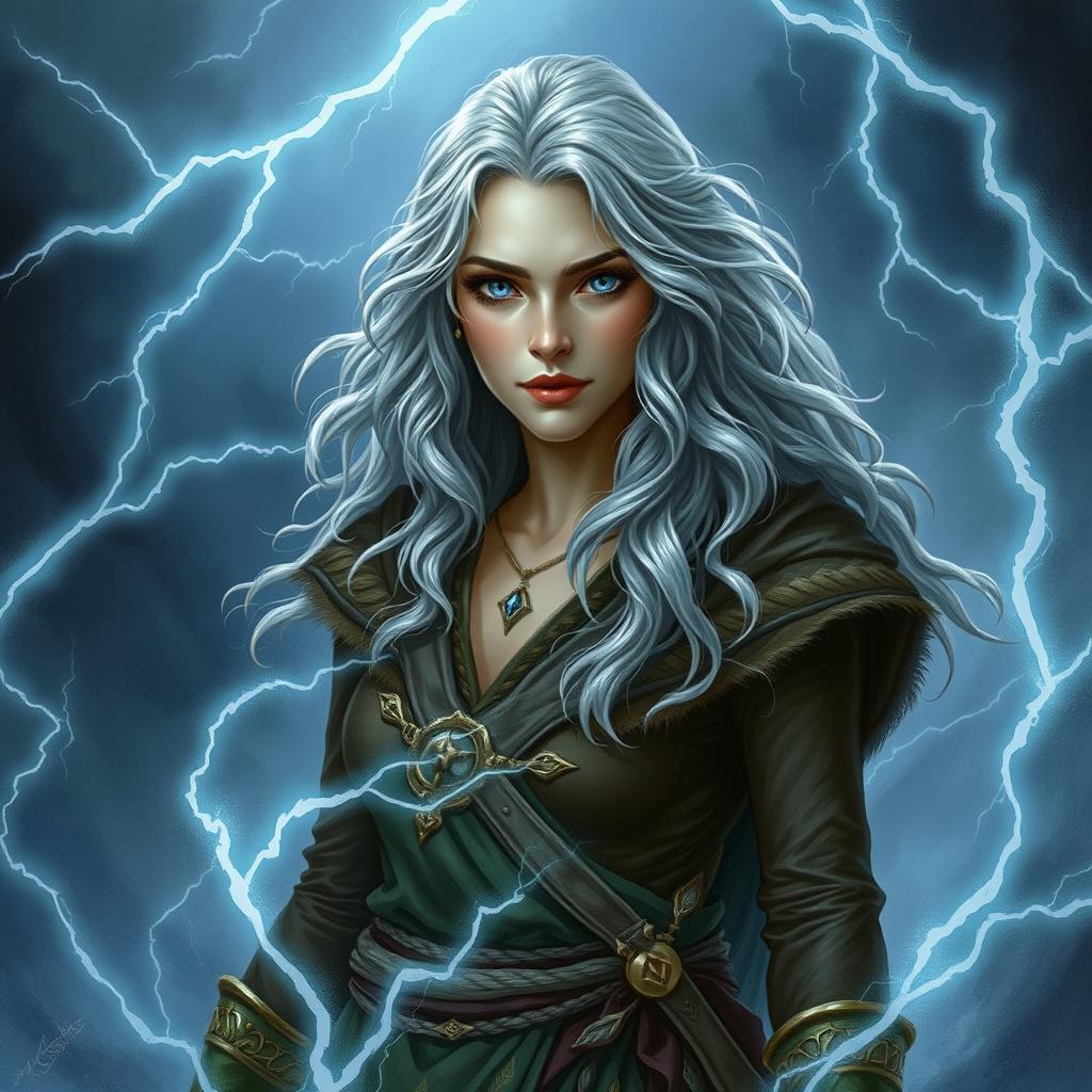 A tall female half-elf druid with silver wavy hair and blue eyes stands amidst a raging storm