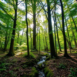 A serene and lush forest filled with tall trees, vibrant green foliage, and dappled sunlight filtering through the canopy