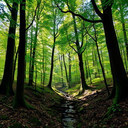 A serene and lush forest filled with tall trees, vibrant green foliage, and dappled sunlight filtering through the canopy