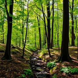 A serene and lush forest filled with tall trees, vibrant green foliage, and dappled sunlight filtering through the canopy