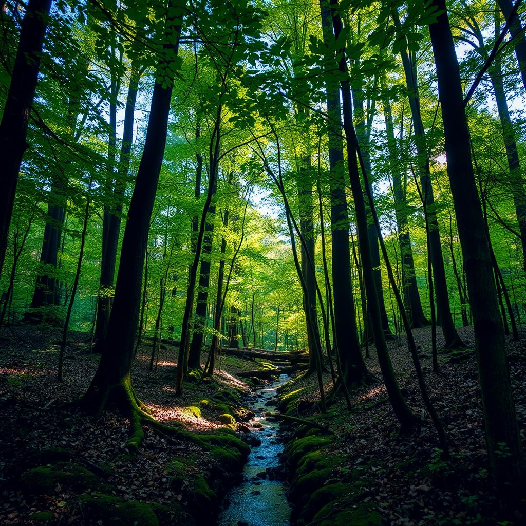 A serene and lush forest filled with tall trees, vibrant green foliage, and dappled sunlight filtering through the canopy