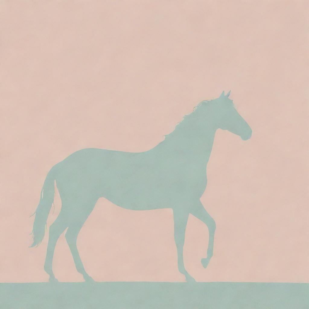 A minimalist design featuring a sharply defined silhouette of a horse, set against a subtly detailed, dreamy, pastly-colored backdrop