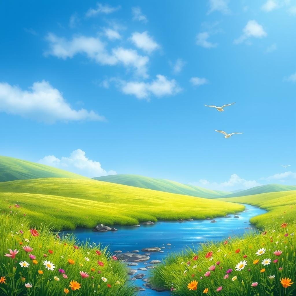 A beautifully detailed image of a serene and calm landscape with lush green meadows, a clear blue sky, and a gentle stream flowing through