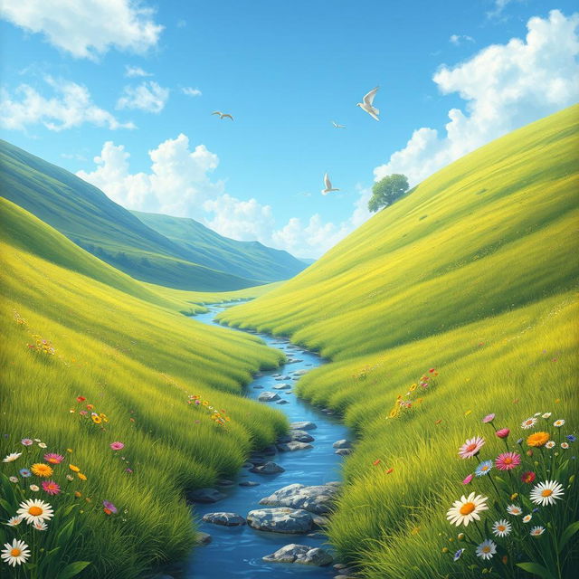 A beautifully detailed image of a serene and calm landscape with lush green meadows, a clear blue sky, and a gentle stream flowing through