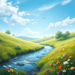 A beautifully detailed image of a serene and calm landscape with lush green meadows, a clear blue sky, and a gentle stream flowing through