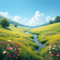 A beautifully detailed image of a serene and calm landscape with lush green meadows, a clear blue sky, and a gentle stream flowing through