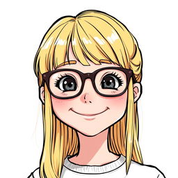 A detailed illustration of a blonde girl with a fringe, wearing glasses