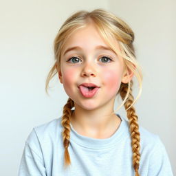 A young girl around 15 years old with blonde hair, depicted with a playful expression and licking her lips