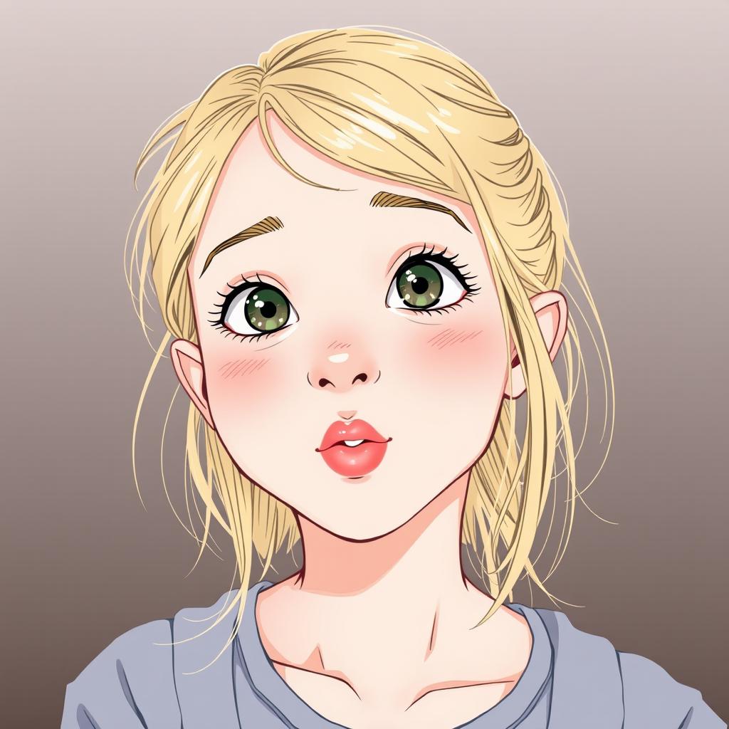 A young girl around 15 years old with blonde hair, depicted with a playful expression and licking her lips