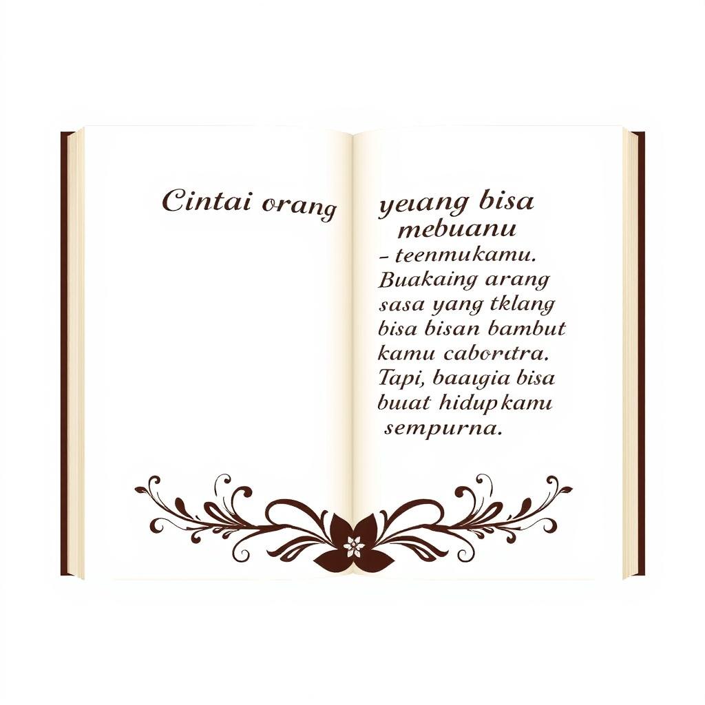 Create a book page design featuring the quote: 'Cintai orang yang bisa membuatmu bahagia