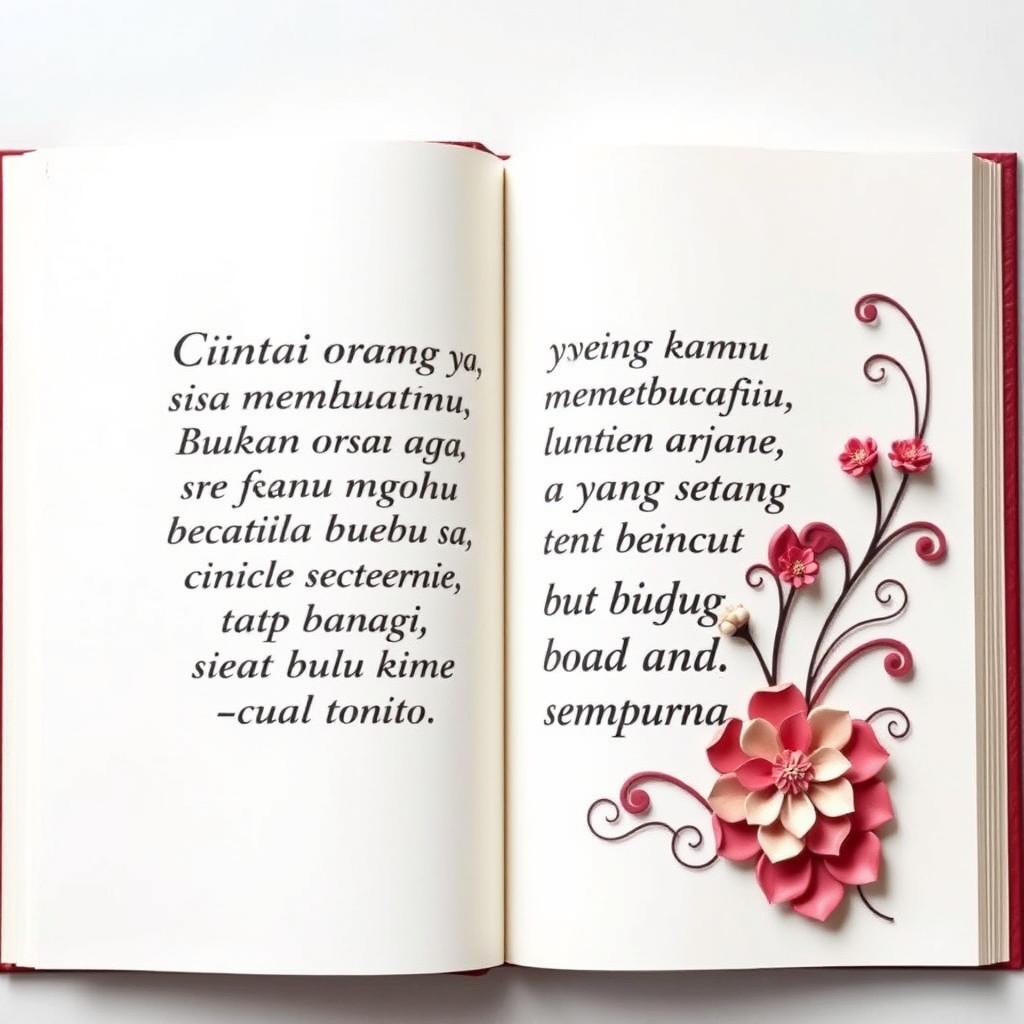 Create a book page design featuring the quote: 'Cintai orang yang bisa membuatmu bahagia