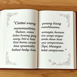 Create a book page design featuring the quote: 'Cintai orang yang bisa membuatmu bahagia