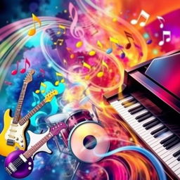 A vibrant and dynamic image capturing the essence of music, featuring various musical instruments like guitars, drums, and pianos, with musical notes and symbols floating around