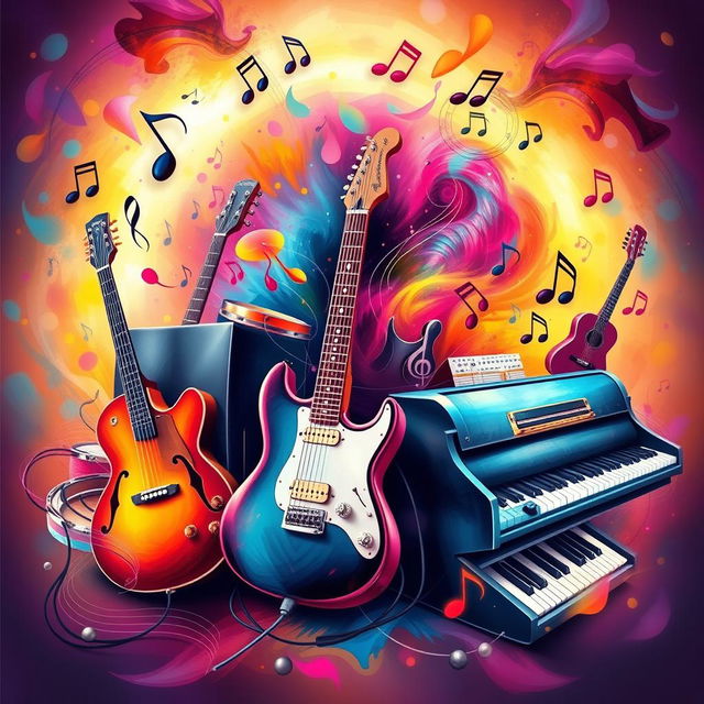 A vibrant and dynamic image capturing the essence of music, featuring various musical instruments like guitars, drums, and pianos, with musical notes and symbols floating around