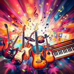 A vibrant and dynamic image capturing the essence of music, featuring various musical instruments like guitars, drums, and pianos, with musical notes and symbols floating around