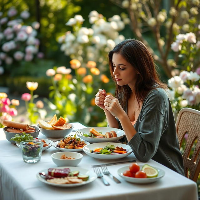 A serene scene of a person practicing mindful eating, sitting at a beautifully set table with a variety of healthy foods