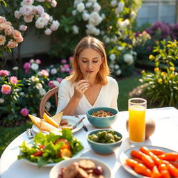 A serene scene of a person practicing mindful eating, sitting at a beautifully set table with a variety of healthy foods