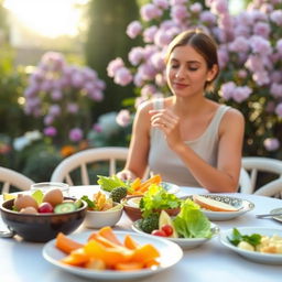 A serene scene of a person practicing mindful eating, sitting at a beautifully set table with a variety of healthy foods