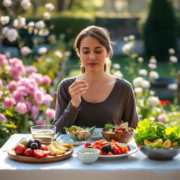 A serene scene of a person practicing mindful eating, sitting at a beautifully set table with a variety of healthy foods