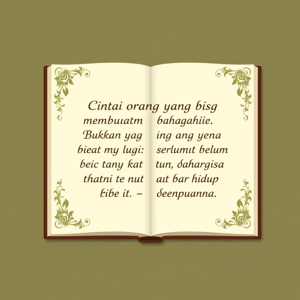 Create a single book page design featuring the quote: 'Cintai orang yang bisa membuatmu bahagia