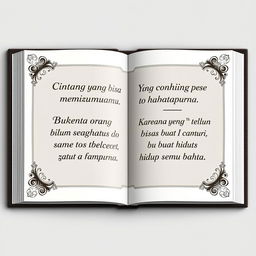 Create a single book page design featuring the quote: 'Cintai orang yang bisa membuatmu bahagia