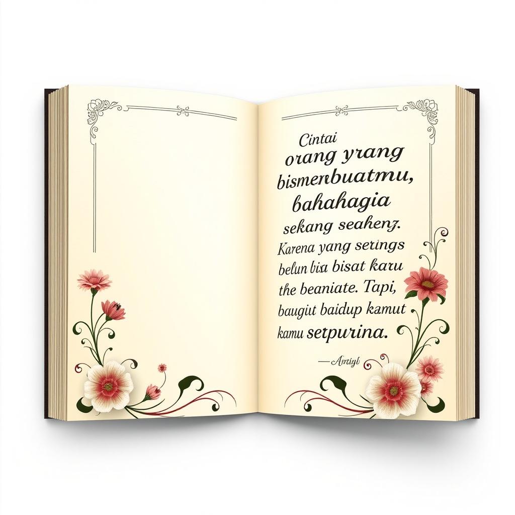 Create a single book page design featuring the quote: 'Cintai orang yang bisa membuatmu bahagia