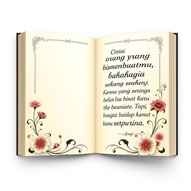 Create a single book page design featuring the quote: 'Cintai orang yang bisa membuatmu bahagia