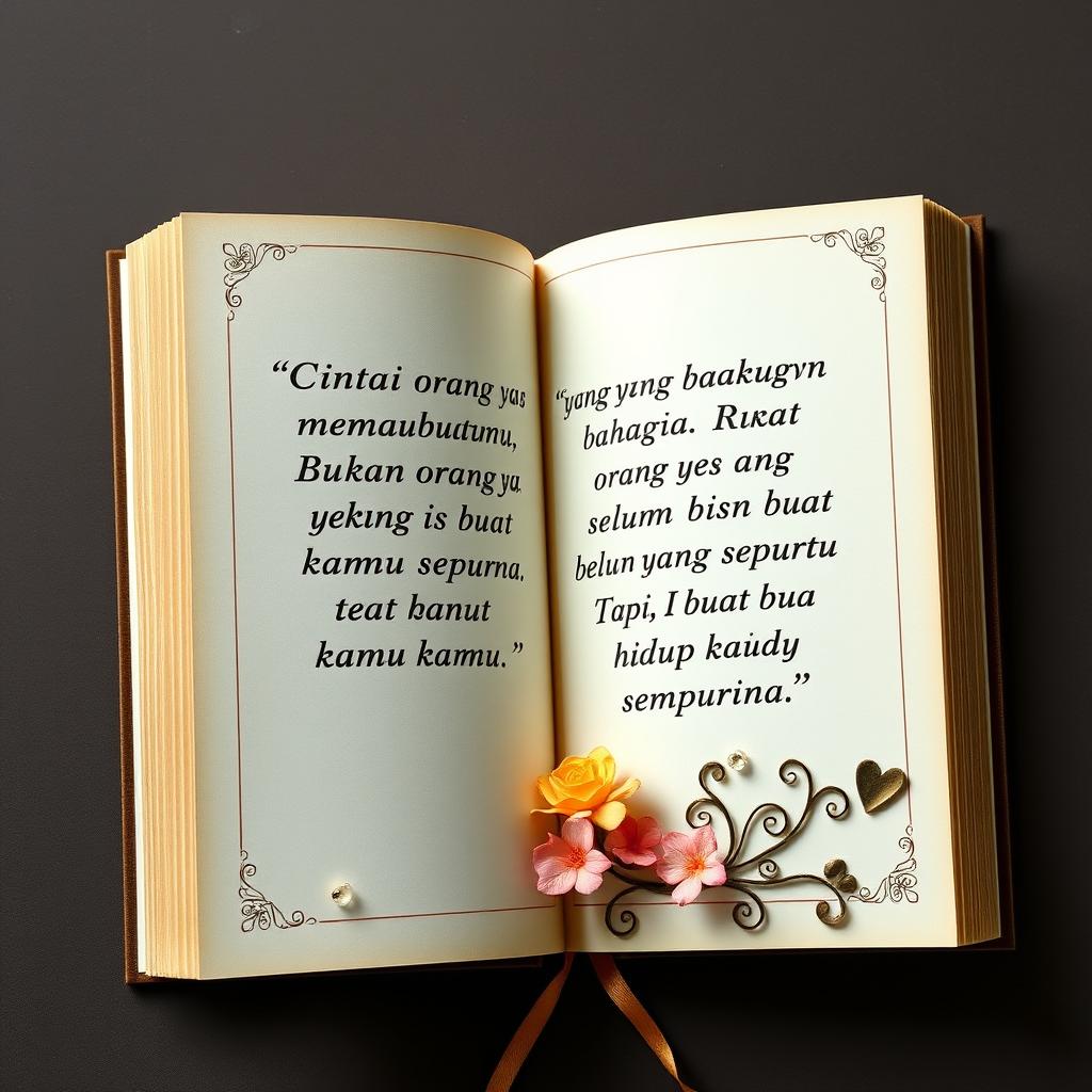 Create an aesthetically pleasing and interesting book page design featuring the quote: 'Cintai orang yang bisa membuatmu bahagia