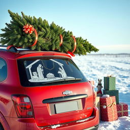 A red car with a nativity scene on the back window and a Christmas tree tied down flat on the roof