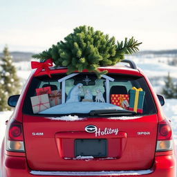 A red car with a nativity scene on the back window and a Christmas tree tied down flat on the roof