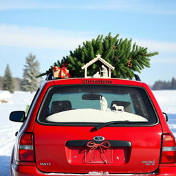 A red car with a nativity scene on the back window and a Christmas tree tied down flat on the roof