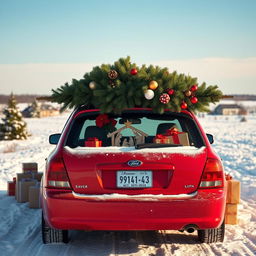 A red car with a nativity scene on the back window and a Christmas tree tied down flat on the roof