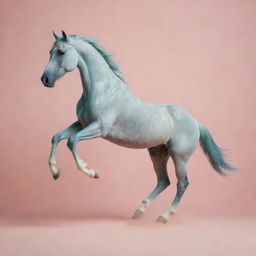 Minimalist design capturing a well-defined silhouette of a dynamic horse in motion, set against a dreamy, subtly detailed, pastel-colored backdrop