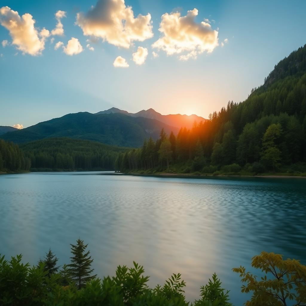 A beautiful landscape featuring a serene lake surrounded by lush green trees and mountains in the background