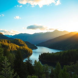 A beautiful landscape featuring a serene lake surrounded by lush green trees and mountains in the background