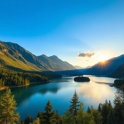 A beautiful landscape featuring a serene lake surrounded by lush green trees and mountains in the background