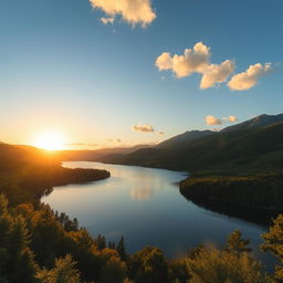 A beautiful landscape featuring a serene lake surrounded by lush green trees and mountains in the background